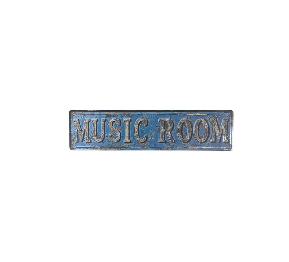 “Music Room” Metal Sign 4x16 Inch Blue Faux Distressed Wall Art Decor